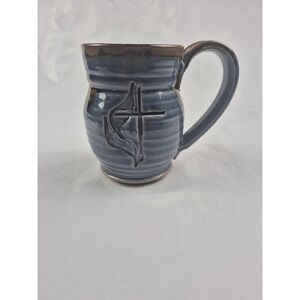 Handmade Studio Pottery United Methodist Cross Flame Coffee Mug Blue Signed BL